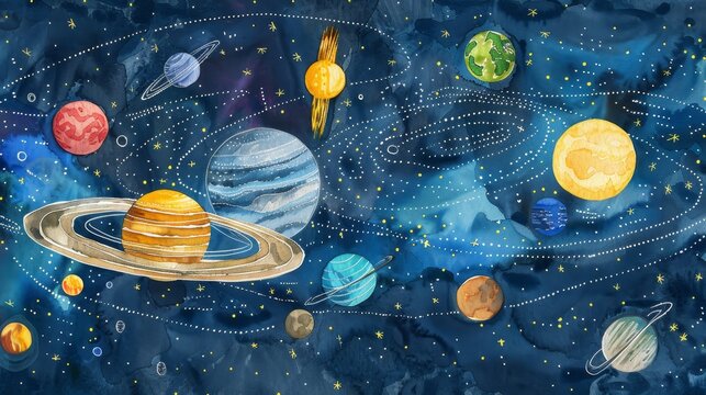 Artistic watercolor of the solar system, each planet labeled and colored distinctively, designed to educate and fascinate kids about space