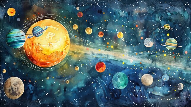 Artistic watercolor of the solar system, each planet labeled and colored distinctively, designed to educate and fascinate kids about space