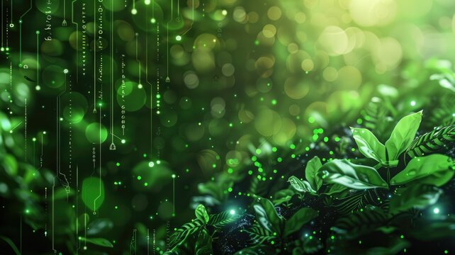 Digital binary code overlaying lush green foliage with glowing light particles