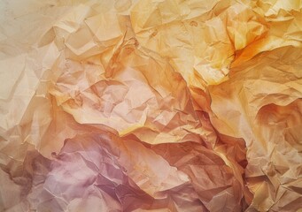 Crumpled paper texture in orange, maroon, yellow, purple. Crushed delicate, luxury silk paper with beautiful artistic wrinkles. Creased material.