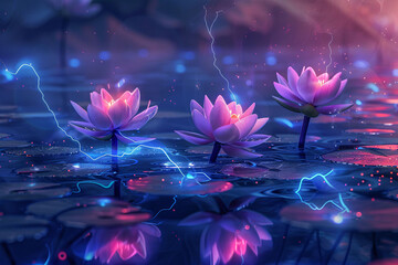 Magic glowing water lily, close up of beautiful lotus flowers and green leaves on pond background