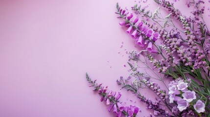 foxgloves heather flowers on solid purple background with copy space for text, backdrop mockup template design concept
