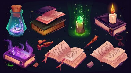 Fototapeta premium Enchanted volumes: mystical books with a magical glow on a dark background