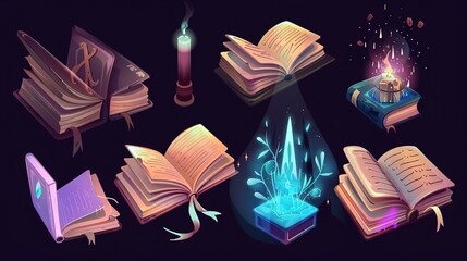Naklejka premium Enchanted volumes: mystical books with a magical glow on a dark background