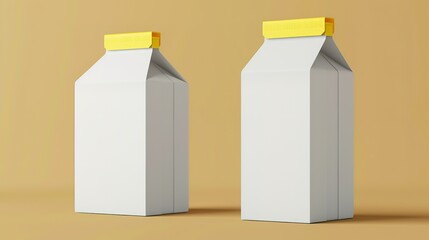 Blank white milk box and paper packaging on yellow background for brand mockup