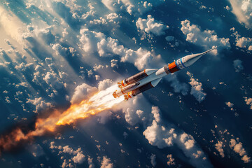 flying rocket spaceship into space against background of a blue sky with clouds