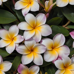 a many white and yellow flowers with green leaves