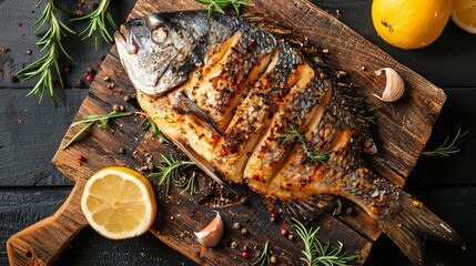 baked dorado fish, top view, copy space. appetizing delicious food, fried fish with lemon and herbs. dark background