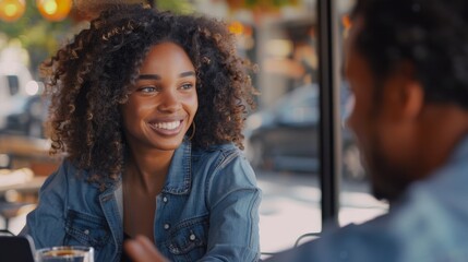 Fototapeta premium Smiling Woman at Outdoor Cafe