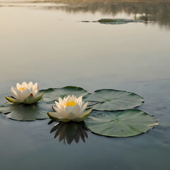 a two white water lillies floating on a lake