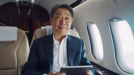 Business man travelling aboard a private jet