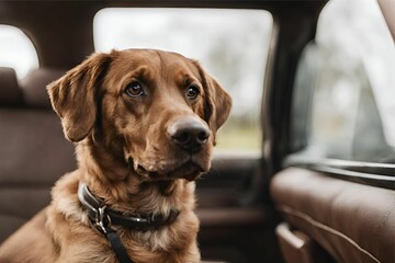 A brown dog sitting inside a car.