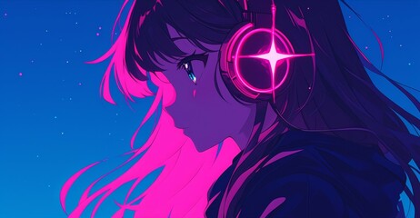 Beautiful girl with headphones, with lofi vibes, anime aesthetic