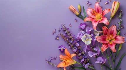 lilies freesias violets flowers on solid purple background with copy space for text, backdrop...