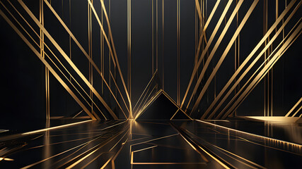 Abstract illustration of luxurious black lines on a dark background with golden accents and geometric shapes