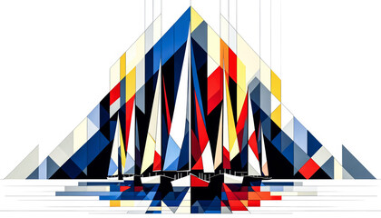 A  geometric abstract artwork featuring an array of sailboats with boldly coloured sails set against a background of angular shapes, creating a dynamic and modern interpretation of a nautical theme.