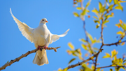 Dove of Peace A graceful white dove perched on a tree branch against a clear blue sky, with its wings spread wide in flight, symbolizing peace, harmony, and freedom from conflict.