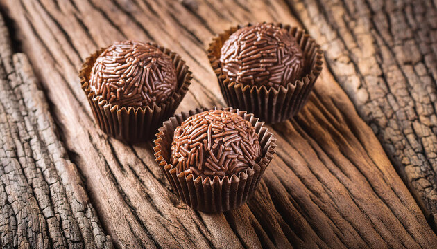 Close-up of traditional Brazilian dessert, brigadeiro over wooden table. Tasty food. Delicious treat