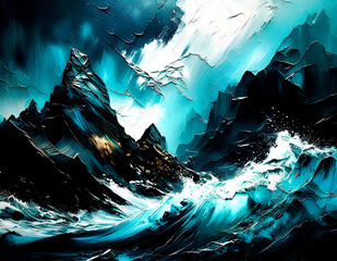 Abstract painting background of a turbulent seascape in front of steep mountains, with a palette of blues, blacks and whites, thick impasto technique, intense textures, light touches of white and blue