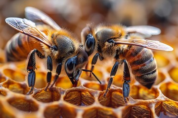 Close-up shot of multiple bees working together collecting nectar in honeycomb cells, showcasing teamwork