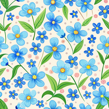 blue spring flowers and leaves pastel seamless pattern background