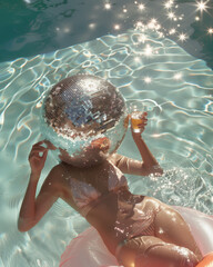 Disco summer, sparkling poolside glamour. Sparkling summer fun with a disco ball in the pool. Woman enjoys summer vibes in swimming pool with a shimmering disco ball.