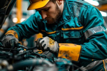 Auto mechanic working under the hood of a car, Concentrated mechanic in overalls and safety gloves repairing car engine, professional auto service in progress.