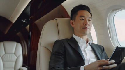 Business man travelling aboard a private jet