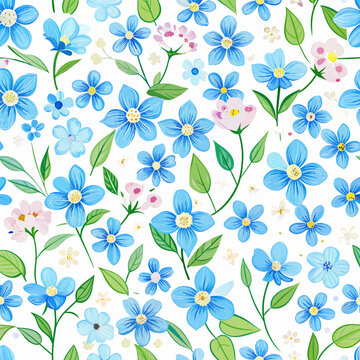 blue spring flowers and leaves pastel seamless pattern background