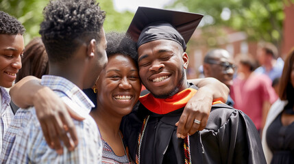 Fototapeta premium Black student in black graduation cap and gowns, student hugging her family after ceremony , emotional moment.