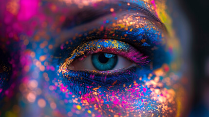 Vibrant hues: close-up of an eye adorned with colorful makeup. Stunning close-up image capturing a blue eye surrounded by vibrant, multicolored makeup with shimmering gold speckles. 
