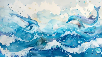 Custom watercolor name plaque with a nautical theme, featuring a playful ocean scene with dolphins and a child's name styled as part of the waves