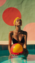 Sunlit serenity, poolside elegance. Stylish woman in a chic black swimsuit rests poolside, holding a colorful beach ball.