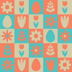 Modern geometric pattern. Floral elements and Easter eggs repeat on colored squares. Trendy style in retro colors. Vector illustration.