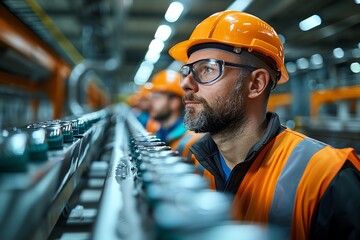 A diverse group of engineers at a food processing plant, overseeing the packaging line, clean and modern facility, authentic expressions