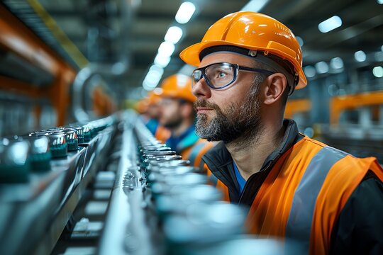 A diverse group of engineers at a food processing plant, overseeing the packaging line, clean and modern facility, authentic expressions - Powered by Adobe