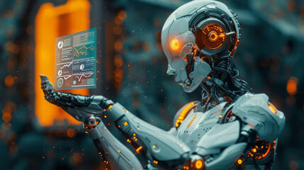 A humanoid robot with orange glowing eyes and accents examining a holographic display, surrounded by industrial elements suggesting a high-tech, futuristic setting. - obrazy, fototapety, plakaty
