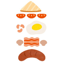 tasty delicious cute recipe food illustration of British style English Breakfast with separate ingredients including toast, tomatoes, beans, bacon, egg, mushrooms & sausage white background