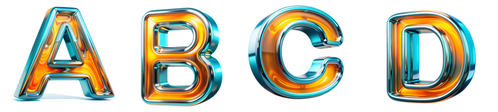 Abstract 3D ABCD letter's of the English alphabet in vibrant colors,Decorative characters,  neon gradient with shades of yellow and blue, set against a transparent background.
