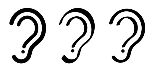 Symbol for deafness and question mark. Limited hearing pictogram. Ear hearing loss symbol. Ear icon. Flat vector sign. Deaf problem. Hearing loss impairment logo. World hearing day or world deaf day. 