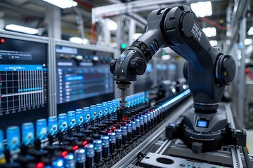 An AI-driven robotics facility monitoring real-time data on manufacturing efficiency, vibrant screens displaying complex analytics,