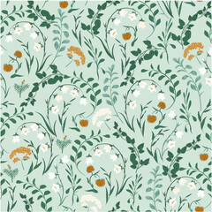Seamless floral green pattern. Randomly placed various vector flowers, leaves, illustrations throughout the print on a sage green background.