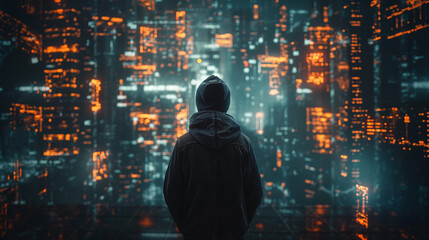 Anonymous hacker with a glowing data background, design resource for wallpaper, illustration, book, magazine, website, future and cybersecurity concept, 