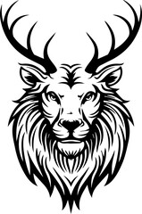 Obraz premium Stunning Black and White Lion Head with Deer Horn Vector Illustration