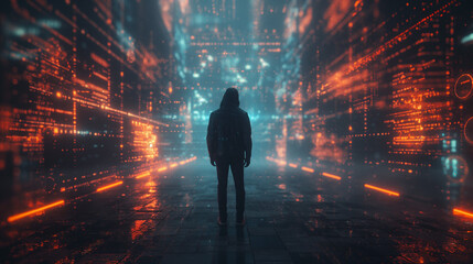 Anonymous hacker with a glowing data background, design resource for wallpaper, illustration, book, magazine, website, future and cybersecurity concept, 