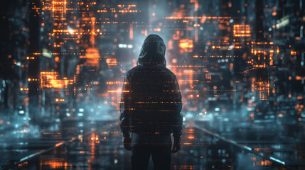 Anonymous hacker with a glowing data background, design resource for wallpaper, illustration, book, magazine, website, future and cybersecurity concept, 