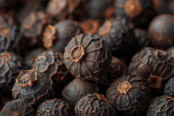A close-up of black peppercorns focuses on their texture and culinary use