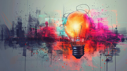 Abstract digital art of a lightbulb with a vivid, colorful explosion of paint and ink, representing creativity and inspiration against a cityscape background.