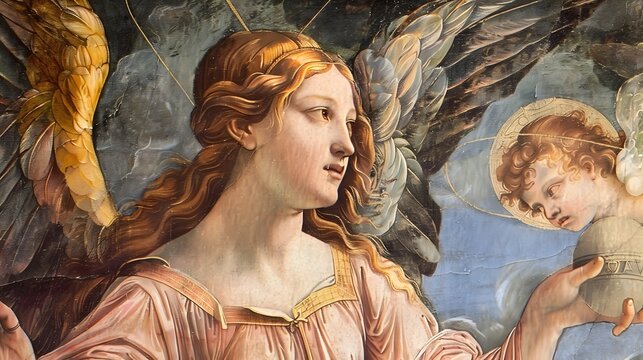Confident Renaissance Angel Amidst Swirling Storm and Spring Hues Generative ai