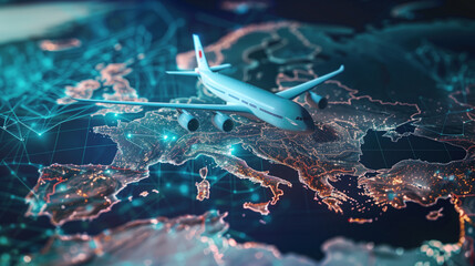Futuristic airplane flying over a digital world map with glowing connections.